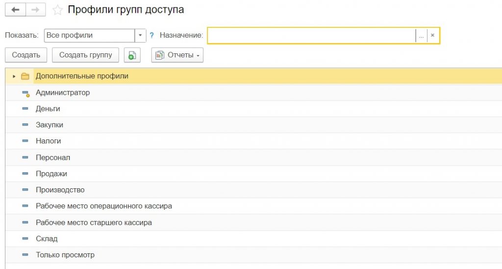 Список существующих профилей доступа.