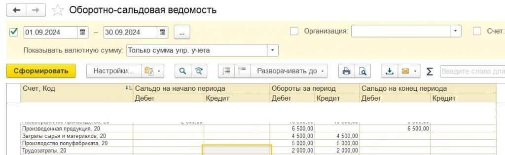Детализация производственного учета по счетам в оборотно-сальдовой ведомости